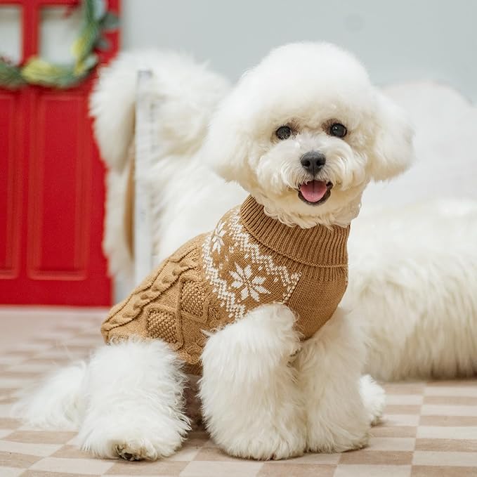 Warm Winter Dog Sweater - Cold Weather Pet Clothes for Small Medium Large Dogs Indoor Outdoor, Soft Classic Knit Puppy Apparel, Khaki, S
