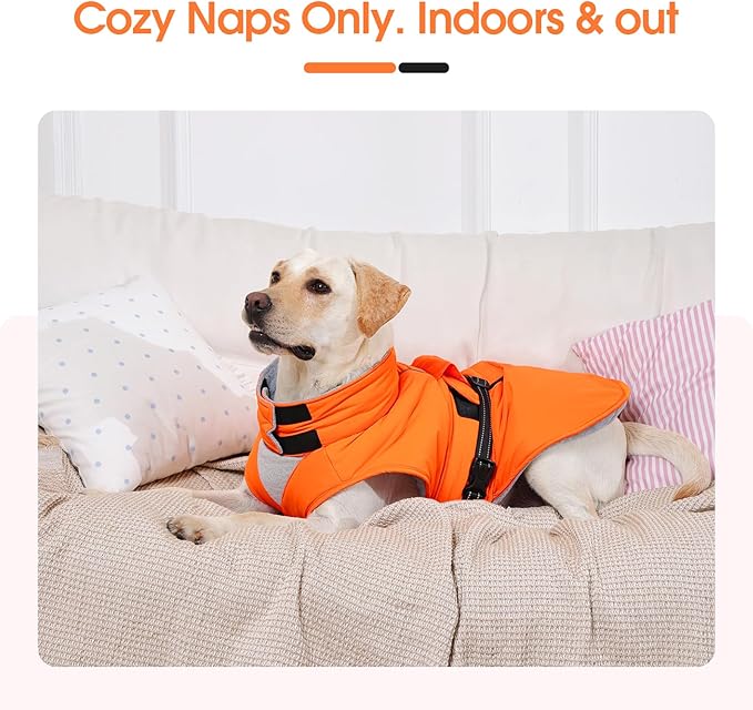 Medium Dog Coat, Warm Dog Winter Jacket, Waterproof Dogs Snowsuit With Foldable High Collar, Reflective Strips, Leash Hole, And Adjustable Hook & Loop Closure - Ideal For Cold Weather- Orange M