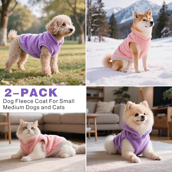 Idepet 2 Pack Dog Fleece Vest Sweater Warm Pullover Jacket with D-Ring Leash Reflective Winter Coat Hoodie for Puppy Cat French Bulldog Pug Chihuahuas Yorkies Dachshunds(Purple&Pink,Large)