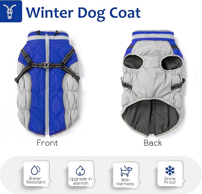 Dog Winter Coat with Harness, Dog Jacket, Pet Clothes with Zipper on Back, Waterproof Windproof Warm Vest, Reflective Cold Weather Coats, for Small Medium Large Dogs, Thick, Blue, M