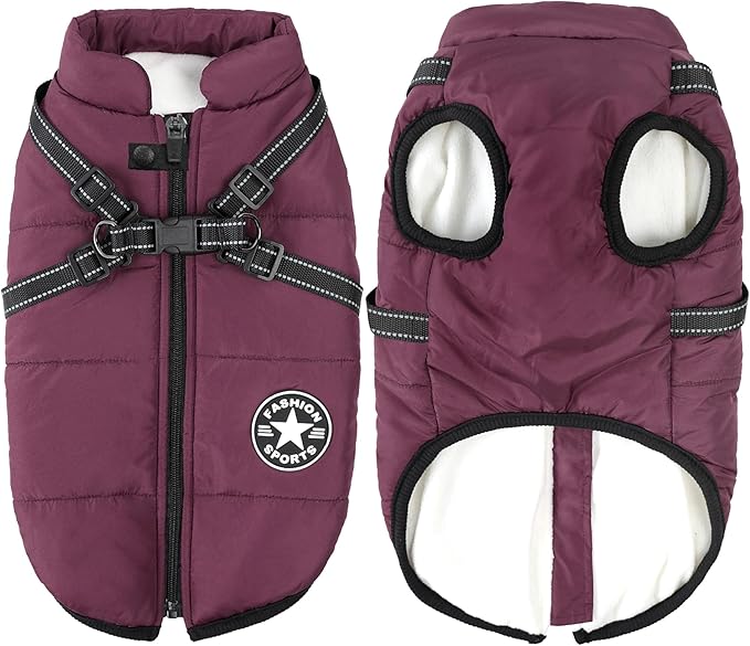 Aiboria Dog Jackets for Winter Windproof Waterproof 2 in 1 Outfit Cold Weather Coat Dog Vest Harness Puppy Winter Warm Jacket Purple S