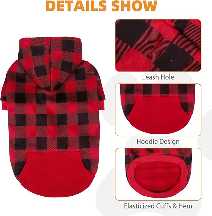 KOOLTAIL Plaid Dog Hoodie Pet Clothes Sweater with Hat and Pocket for Small Medium Large Size Dogs, Soft Winter Warm Dog Cold Weather Coat, Fleece Fall Dog Hooded Sweatshirt for Puppy Cats, Red S