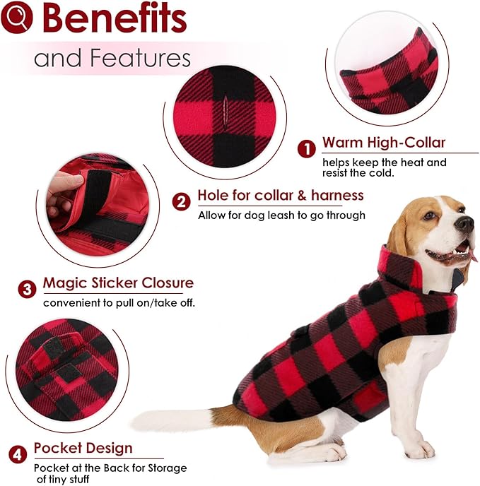AOFITEE Dog Coat Plaid Dog Winter Coat for Large Dogs, Warm Dogs Jacket Christmas Sweater, Waterproof Pet Puffer Jacket, Reversible Pet Cold Weather Coats for Small Medium Large Pets, Red XL