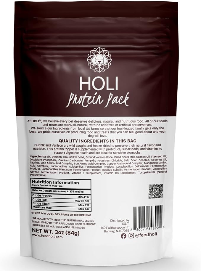 HOLI Freeze Dried Elk and Venison Dog Food Topper - 96% Meat, Wild Caught Free Range - Freeze Dried Dog Food Flavor Enhancer for Picky Dogs – 100% All Natural - 6oz