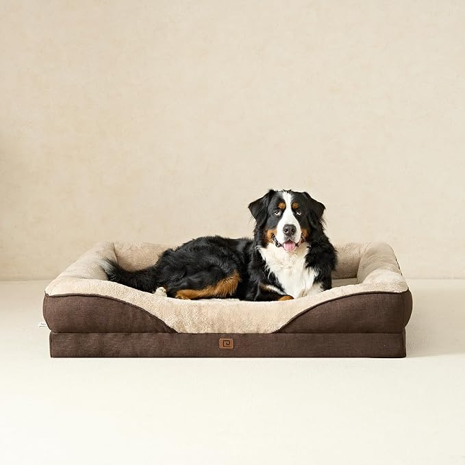 EHEYCIGA Memory Foam Dog Bed for Medium Size, Orthopedic Dog Sofa with Sides and Waterproof Liner, Washable Bolster Pet Bed Couch with Removable Cover, 30x20x6.5 Inch, Brown