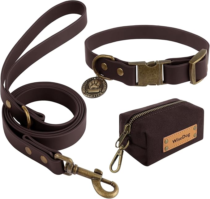 Wisedog Dog Collar and Leash Set, Waterproof Adjustable Puppy Collars with Cute Tag 6FT Dog Leash with Poop Bag for Small Medium Large Dogs (XS(Collar:8.5"-12";Leash:4 ft), Brown)