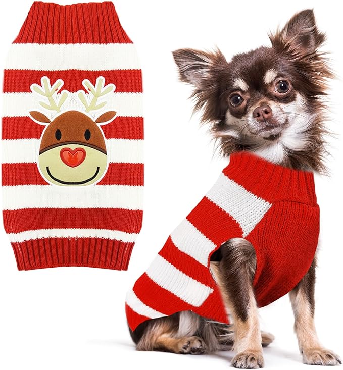 PETCARE Reindeer Christmas Dog Sweater Red Striped Cat Sweater Cartoon Elk Pet Vest Holiday Dog Clothes Puppy Sweaters for Small Medium Large Dogs Cats Fall Winter Outfits Xmas Dogs Costume,Large