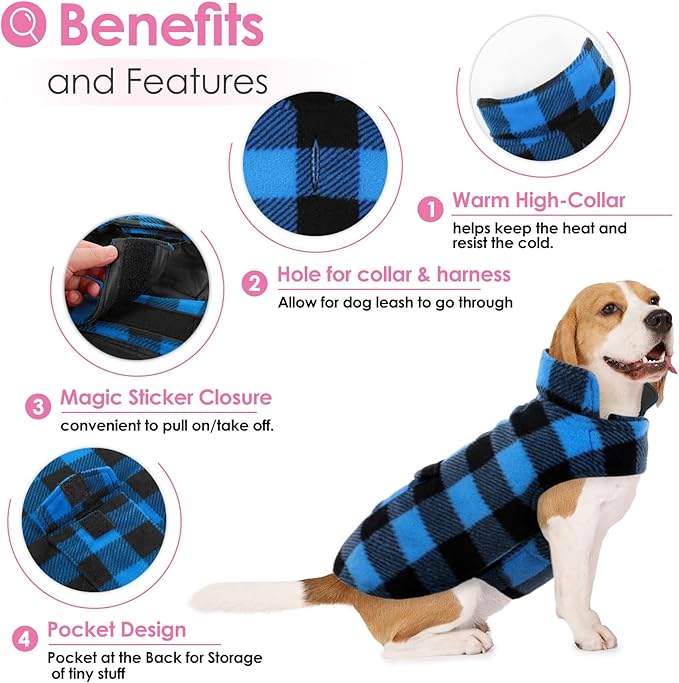 AOFITEE Dog Coat Plaid Dog Winter Coat for Large Dogs, Warm Dogs Jacket Christmas Sweater, Waterproof Pet Puffer Jacket, Reversible Pet Cold Weather Coats for Small Medium Large Pets, Blue XL