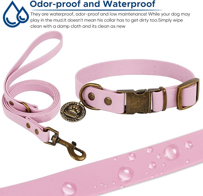 Wisedog Dog Collar and Leash Set, Waterproof Adjustable Puppy Collars with Cute Tag 6FT Dog Leash with Poop Bag for Small Medium Large Dogs (XL(Collar:16"- 25.5";Leash:6 ft), Pale Pinkish Purple)