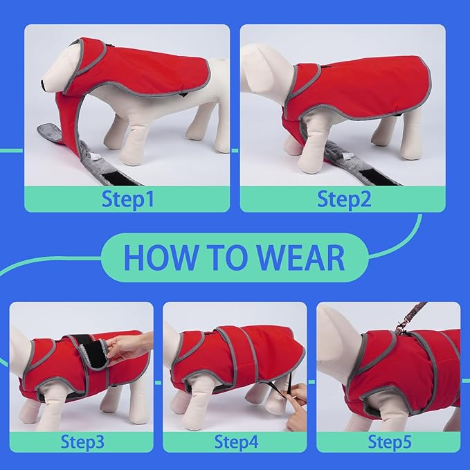 MIGOHI Reflective Waterproof Dog Coat, Medium, Red, Fleece Lined, Stormguard