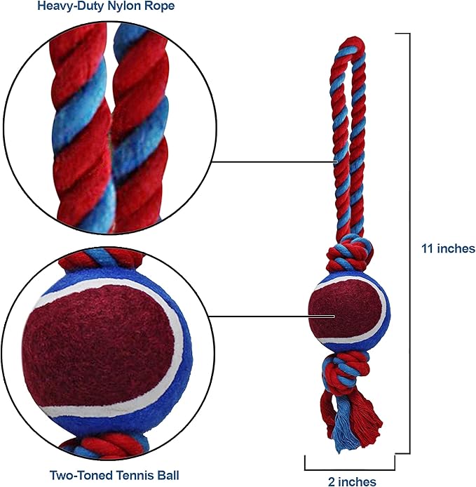 Dog Rope Toy with Tennis Ball, Nylon Ropes with Balls, Fun Tug of War Toys for Dogs, Tough Pet Toy for Aggressive Chewers, Eskimo, Terrier, Beagle and More (1 Rope Dog Toy Red Ball FBA)