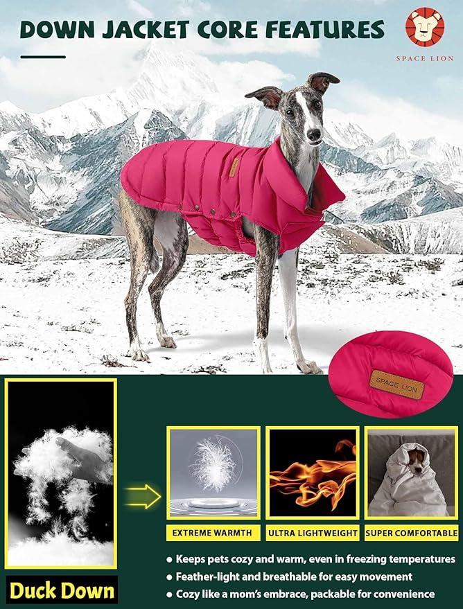 SPACE LION Dog Puffer Jacket, Down Winter Coat, Durable Outdoor Coat for Cold and Windy Conditions, Waterproof, Lightweight Jacket, Adjustable Fit for Small, Medium, Large Dogs(Red,12/M)