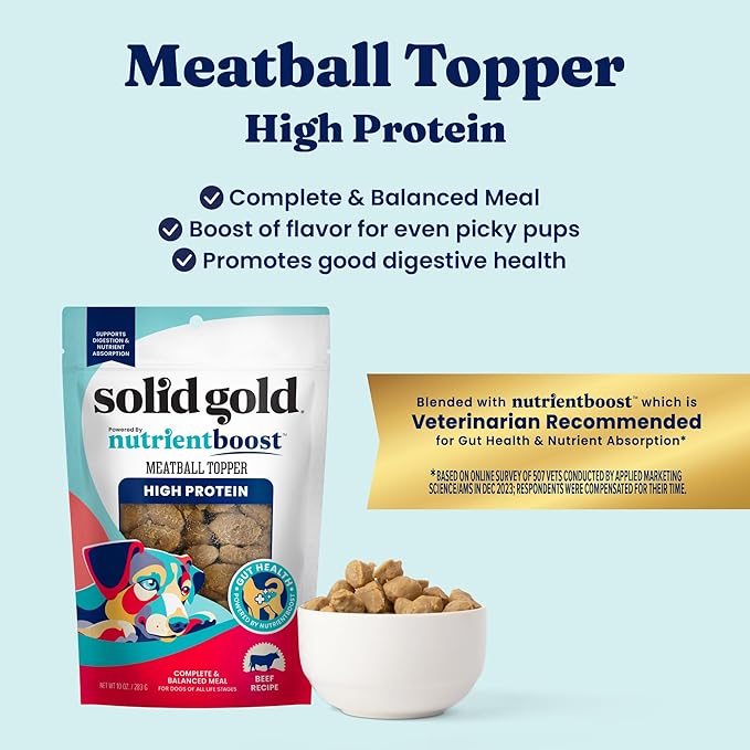 Solid Gold Meatball Dog Food Toppers for Dry Food- High Protein Beef Meatball Topper for Dogs - Complete Meal, Meal Mix in or Soft Dog Treats - Supports Gut Health - 3 Pack *Refrigerate After Opening*