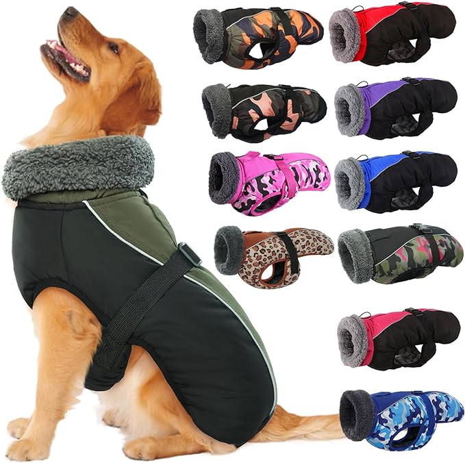 IECOii Extra Warm Dog Coat Reflective Adjustable Winter Jacket with Buckle Fleece Turtleneck for Cold Weather, Soft for Small Medium Extra Large Dogs, Army Green