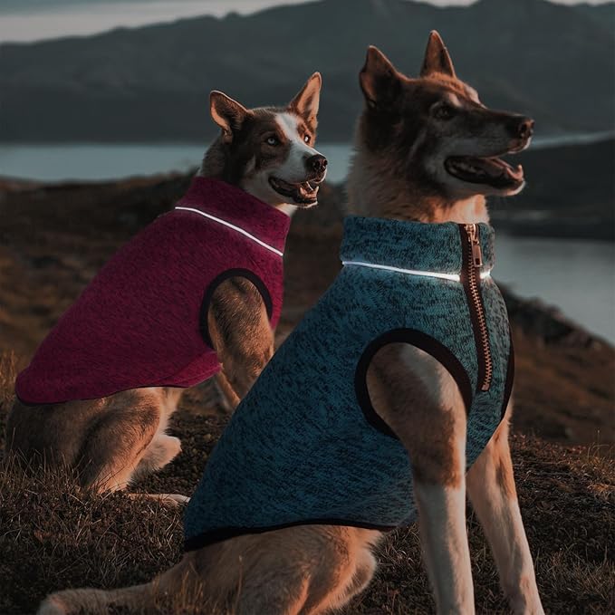 ROZKITCH Dog Sweater for Large, Warm Winter Jacket with Fleece Lining, Knit Vest with Zipper Opening for Harness, Adjustable Neck Reflective Pet Jacket Outdoor Walking Blue XL