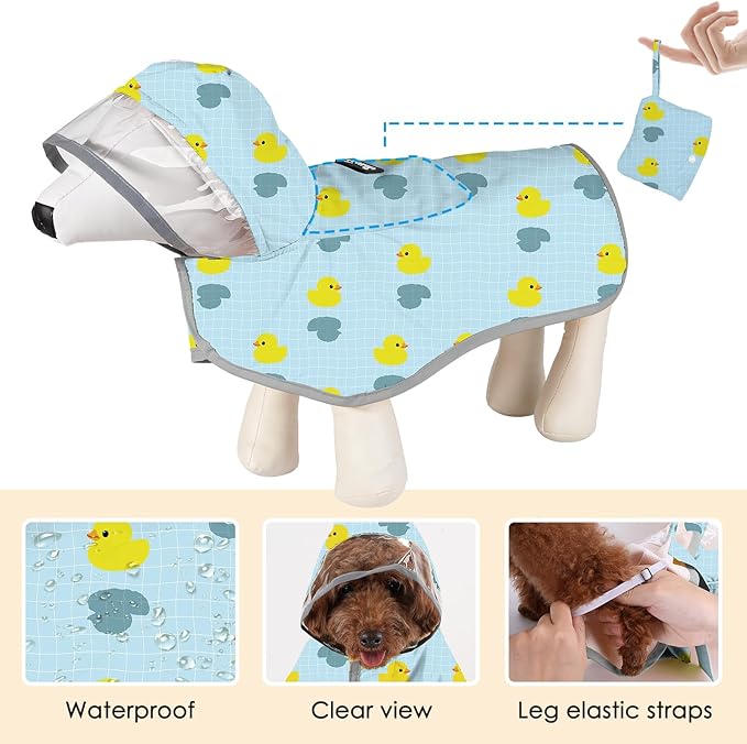 SlowTon Dog Raincoat, Adjustable Dog Rain Jacket Clear Hooded Double Layer, Waterproof Poncho with Reflective Strip Straps and Storage Pocket for Small Medium Large Dogs Puppies(DK S)
