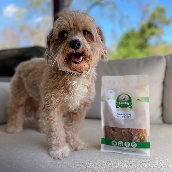 Lucky Premium Treats Chicken Jerky Bits and Strips – Chicken Jerky Treats Made with Sliced, All Natural Lean Dehydrated Chicken Breast (13 oz)
