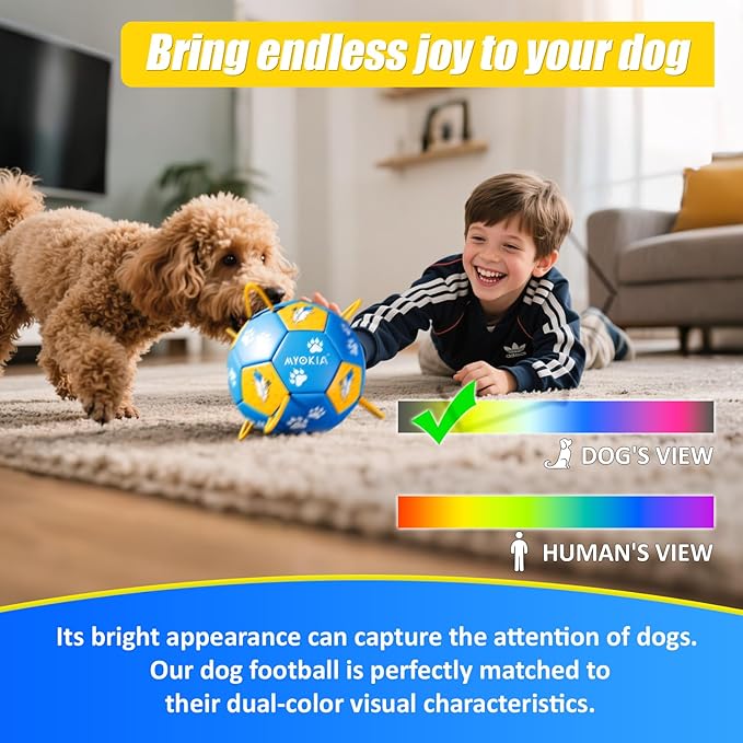 Size 3 Dog Soccer Ball with Straps Durable Training Ball for Pets Interactive Outdoor Dog Toy, Blue & Yellow, Paw Prints and Feather Design, for Medium & Large Puppies