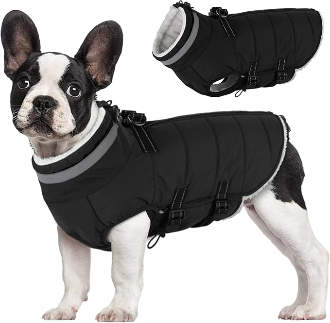 Large Dog Coat with Harness Built-in, Waterproof Reflective Fleece Lined - Warm Windproof Winter Jacket with Back Zipper, Cold Weather Snow Dog Coats - Black - 3XL