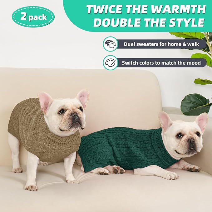 2 Pack Dog Sweaters for Medium Dogs Turtleneck Pullover Cable Knit Stretch Clothes French Bulldog Dachshund Boston Terrier Corgi Beagle Pug Boy Girl Pets Winter Clothes (M, Green & Brown)