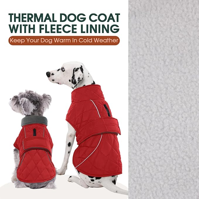 Kuoser Extra Warm Dog Jacket, Windproof Dog Coat Cold Weather Clothes with Fleece Lining for Large Dogs, Turtleneck Pet Snowsuit Reflective Adjustable Winter Clothes, Red XL