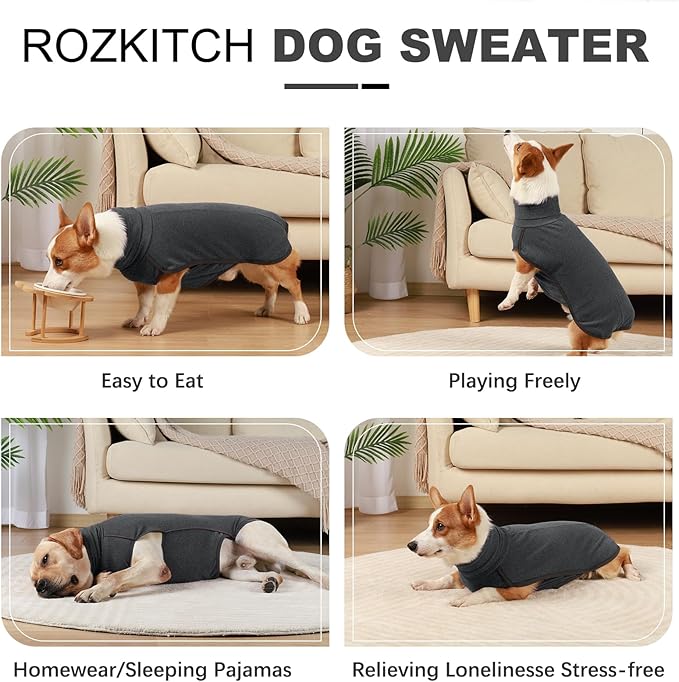 ROZKITCH Warm Dog Sweaters Turtleneck with Leash Hole, Windproof Warm Cold Weather Jacket Vest Cozy Jumpsuit Apparel Outfit Clothes for Walking Hiking Travel Sleep Black S