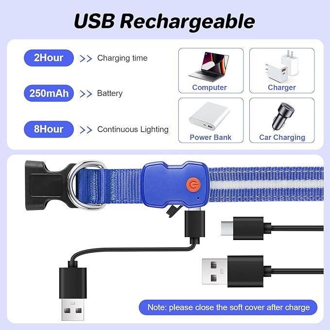 PcEoTllar Light Up Dog Collars, Led Dog Collar, Rechargeable, Night Walking, Waterproof, Glow in The Dark Dog Collars Light for Large Small Medium Dogs, Blue s