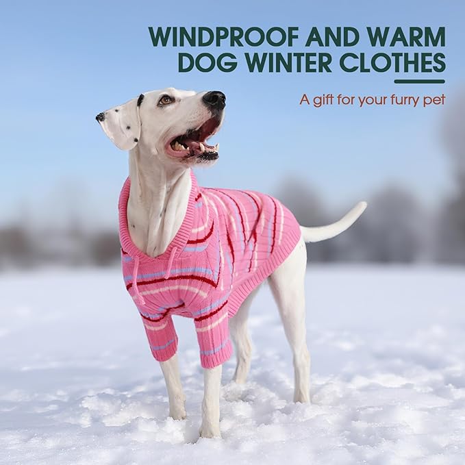 Kuoser XL Dog Sweater, Dog Sweaters for Large Dogs, Girl Boy Christmas Sweater, Striped Knitwear Big Dogs Winter Clothes, Cold Weather Warm Pet Sweatshirt for Golden Retriever, Labrador, Pink XL