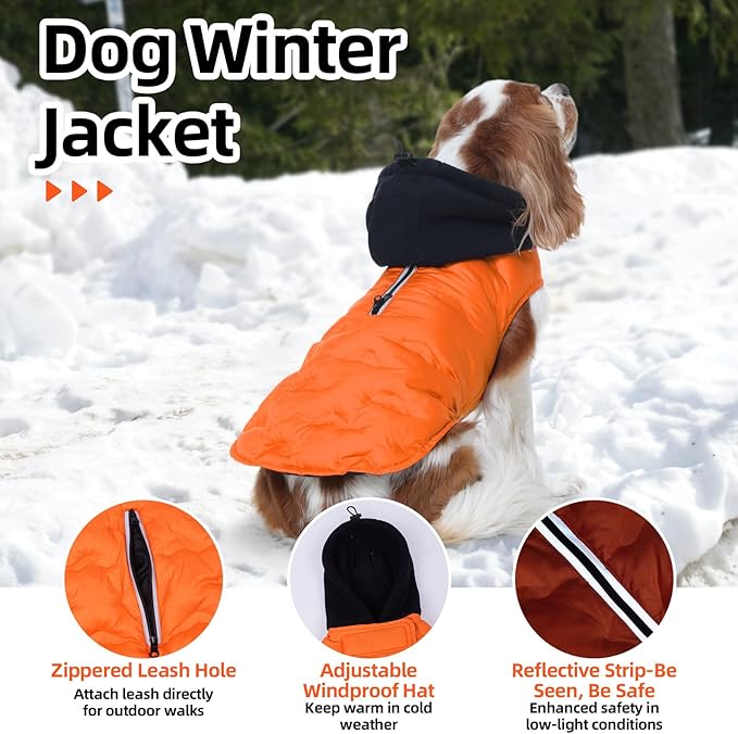 Nanaki Lightweight Dog Down Jacket With Leash Hole-Large Winter Dog Coat Reflective Stripes, Warm Snow Coat With Hood, Windproof Snowsuit For Cold Weather, Puffer Jacket For Outdoor Activities, Orange