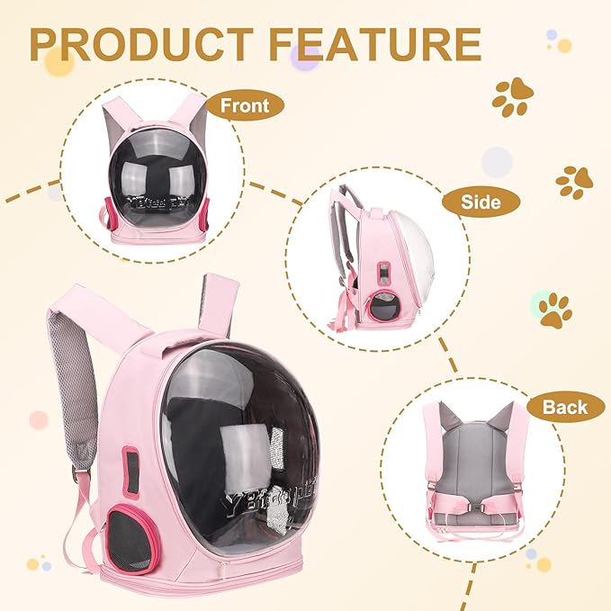 Pet Backpack Carrier, Portable and Ventilated, Oxford Cloth, Dog Cat Travel Bag with Transparent Cover 12.99", (Pink, 1 Pcs), Intended for Hiking/Camping/Traveling