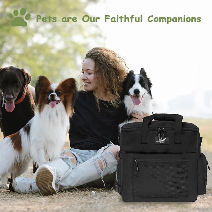 WOLT Dog Travel Bag Dog Bag for Traveling and Supplies with 2 Collapsible Bowls, 2 Food Containers, 1 Place Mat, Black