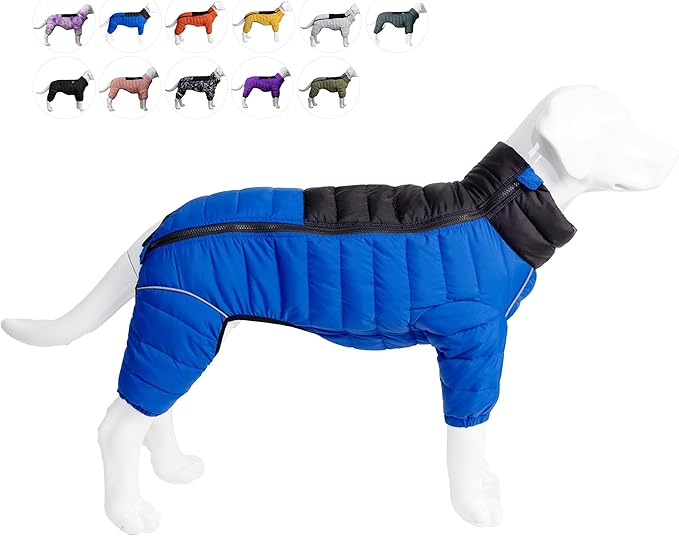 Lovelonglong Warm Jacket - 4 Legs Covered Waterproof Windproof Reflective Vest, Zippered Adjustable Outdoor Snow Jacket for Small Medium Large Dogs, Blue L