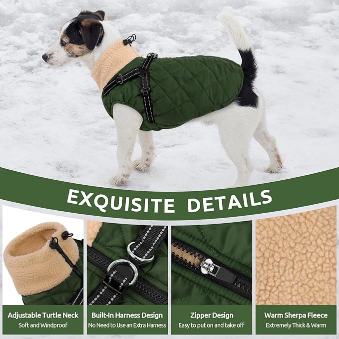 Queenmore Dog Jacket, Dog Coats for Large Dogs, Large Pet Coat with Harness Built in, Thick Fleece Snow Jacket for Extra Large Breeds, Waterproof Windproof Pet Apparel Cold Weather, ArmyGreen 3XL