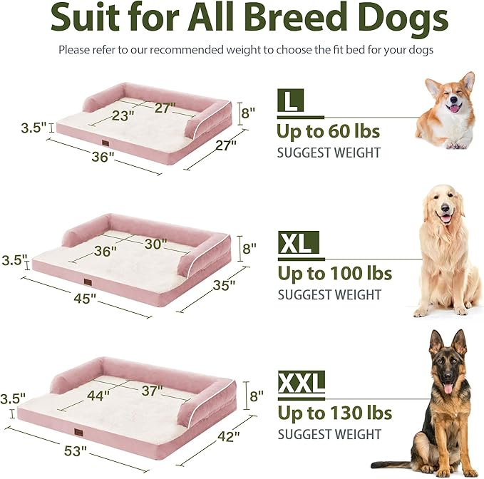 Orthopedic Dog Beds for Large Sized Dogs, Waterproof Egg Crate Foam Large Dog Couch Beds with Comfy Bolster 36x27Inch, Washable Pet Beds with Removable Cover and Nonskid Bottom, Pink