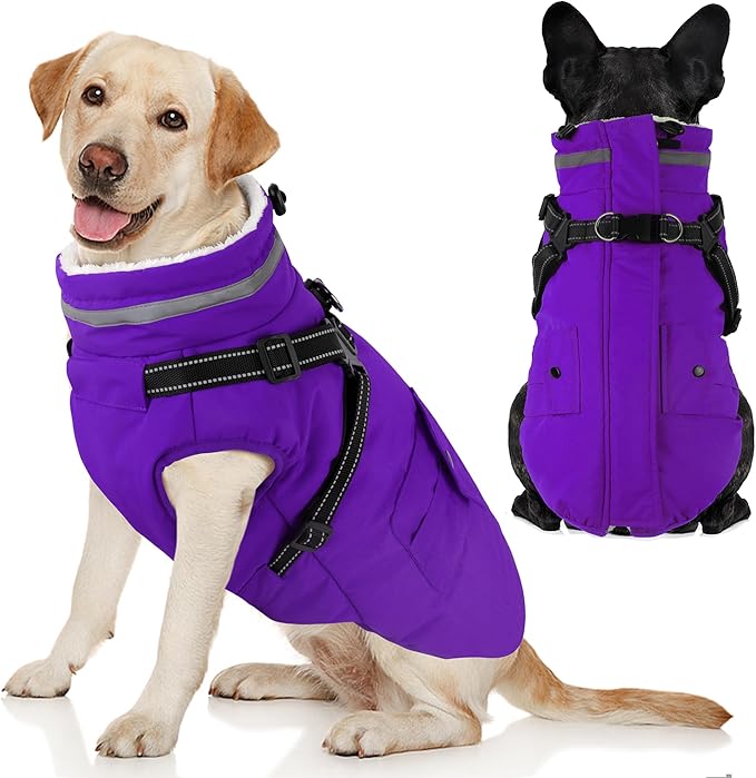 Dogcheer Dog Coat with Harness, Waterproof Warm Dog Winter Jacket with Pockets, Reflective Pet Fleece Jacket Turtleneck Snowsuit for Small Medium Large Dogs - Purple, XL