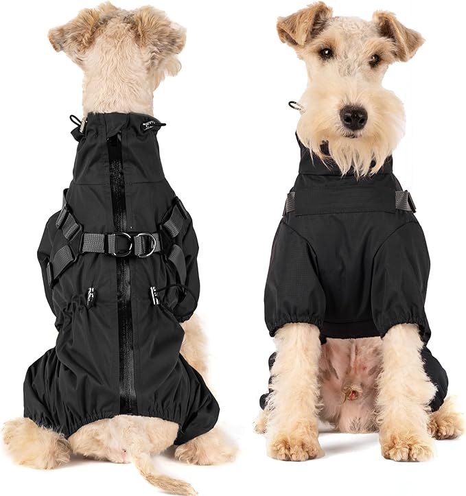 Mile High Life Waterproof Dog Raincoat, Full Coverage Small Dog Rain Coat with Harness, Adjustable 4 Legs Puppy Rain Jacket with Reflective Strip and Elastic Cuffs (Black, XS Back Length 11.4")