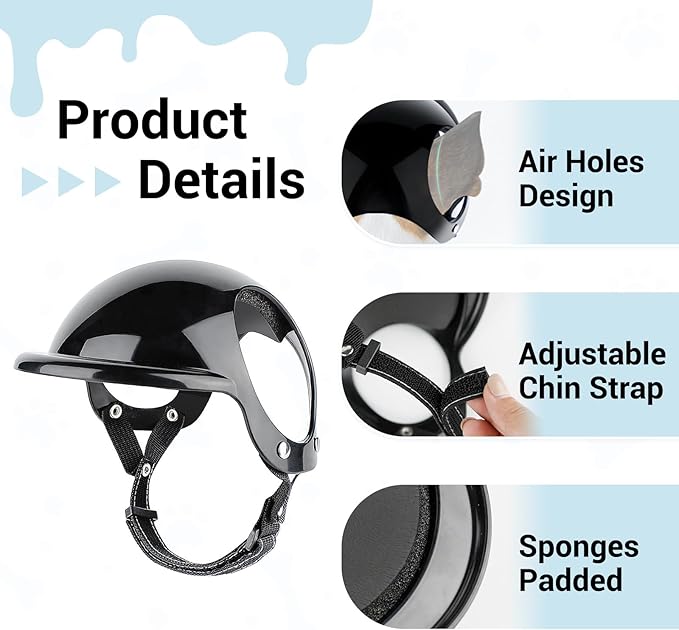 Dog Helmet and Goggles Small Breed, UV Protection Dog Goggles and Motorcycle Helmet with Ear Holes Adjustable Straps for Outdoor Biking, Driving, Black