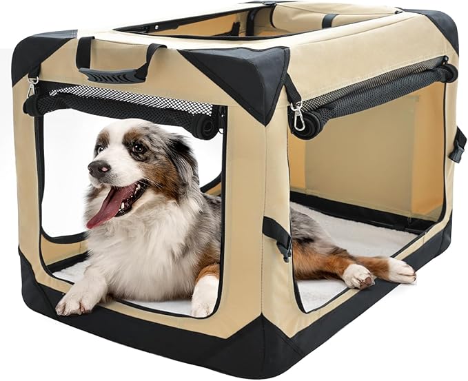 Pettycare 36 Inch Collapsible Dog Crate for Large Dogs, 4-Door Foldable Soft Dog Kennel with Chew Proof Mesh Windows, Indoor & Outdoor Travel Dog Crate, Beige