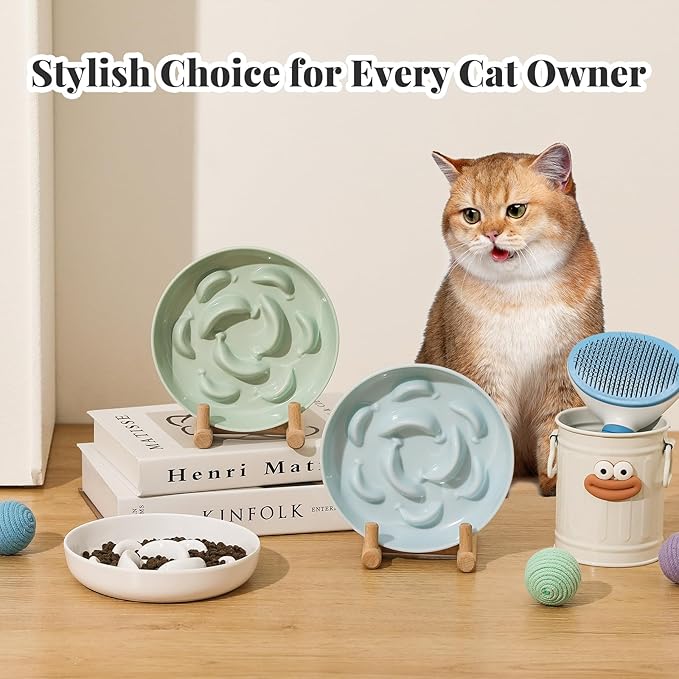 Melamine Slow Feeder Cat Bowls - Set of 3 Cat Food Dishes - Fun Maze Design for Slow Feeding - Dishwasher Safe - White, Blue, Green