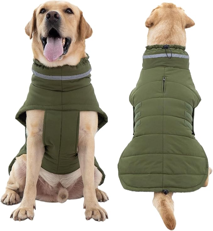 Dog Coat, Waterproof Winter Jacket, Warm Windproof Vest, Reflective Adjustable Turtleneck Coats for Large Dogs with Hook & Loop - Green - XL