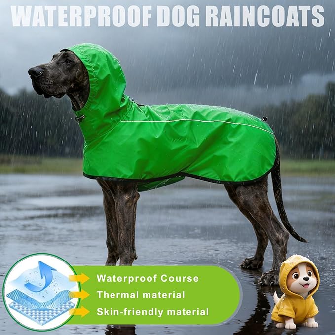 Mosucoirl Dog Raincoat Jacket Reflective Adjustable Hooded Pet Poncho Rain Coats with Leash Hole Waterproof Clothes for Small Medium Large Dogs (Green, L)