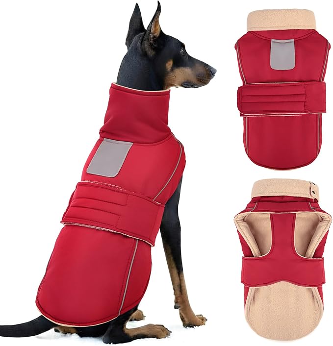 ASENKU Warm Dog Coat, Waterproof Dog Jackets for Large Dogs with Reflective Fleece Vest Turtleneck with Button,Windproof Cold Weather Coats for Small Medium Large Dogs, Dark Red, XL