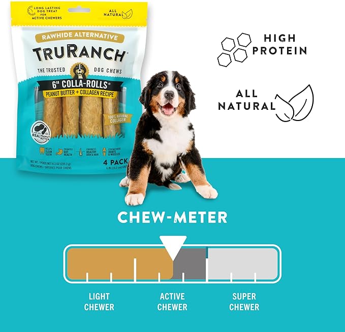 TRURANCH Collagen Rolls - 6" Collagen Rolls for Dogs - Long Lasting Healthy Joint Support - Rawhide Alternative - Skin & Coat Health - Made with Real Peanut Butter, Value Pack, 15 Bags, 60 Count