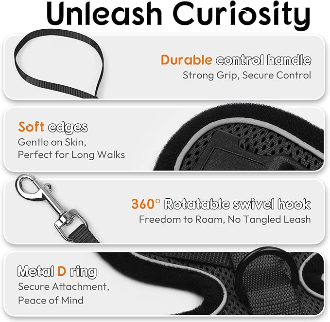Dooradar Cat Harness and Leash Set, Escape Proof Safe Adjustable Kitten Vest Harnesses for Walking, Easy Control Soft Breathable Mesh Jacket with Reflective Strips for Cats, Black, S