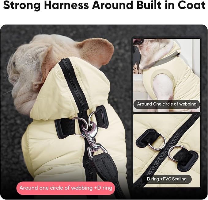 Fleece Lining Dog Hoodie with Harness Built in,Extra Warm Large Dog Jacket in Winter Doggie Coats with Hooded,Light Yellow XXXL