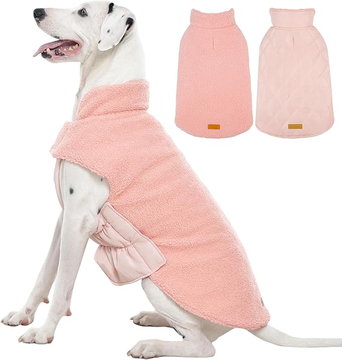 Kuoser Reversible Dog Coat – Warm Fleece & Quilted Waterproof Dog Jacket, Double-Sided Cold Weather Dogs Winter Coat with Harness Hole, Windproof Pet Snow Vest for Small Medium Large Dogs, Pink L