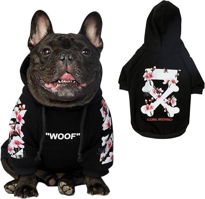 ChoChoCho Woof Dog Hoodie, Designer Dog Hoodies for Small Medium Large Breeds, Art Collection Dog Sweatshirts, Street Drawstring Hoodies Outfit Clothes for Puppy Puppies (5XL, Sakura/Black)