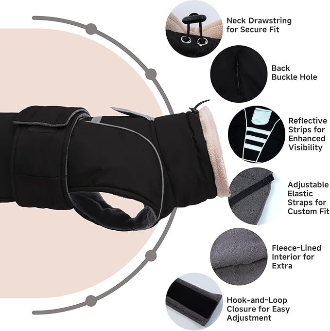 Dog Winter Coat for Small to Large Dogs(XS-XXXL)– Waterproof Windproof Fleece Lined Jacket with Reflective Trim,Pet Vest with Adjustable Buckles, Machine Washable Black M