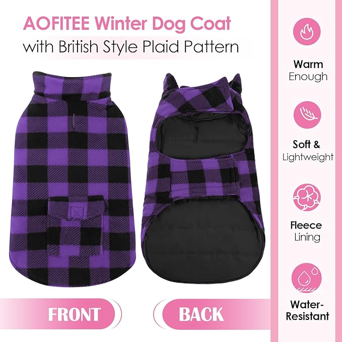 AOFITEE Dog Coat Plaid Dog Winter Coat for Large Dogs, Warm Dogs Jacket Christmas Sweater, Waterproof Pet Puffer Jacket, Reversible Pet Cold Weather Coats for Small Medium Large Pets, Purple XXXL
