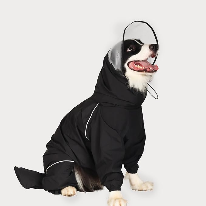 Dog Raincoat for Medium Large Dogs,rain Jacket Coat, Full Leg Coverage Waterproof Rain Suit with Detachable Hood & Tail, Reflective Strips, Snag-Free Top Zipper (Black for Girl, Large)